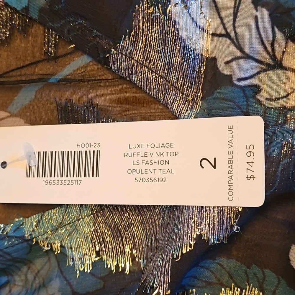 Chicos - NWT - Luxe Foliage Ruffle V Neck Top - Opulant Teal - Chicos Size 2 - Picture 5 of 9